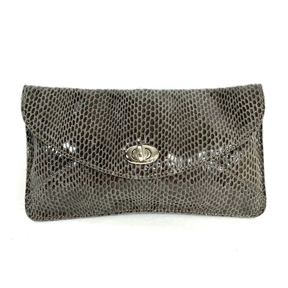 Sorial Gray Snakeskin Print Leather Small Flap Clutch Purse Turn Lock Handbag